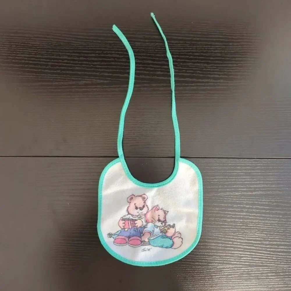 Vintage 95' Baby Bib‎ Cat/Bear Reading Tie Closure Baby OS